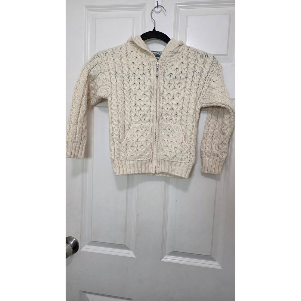 Aran Crafts Hooded Cardigan Kids 4-5 Cream Merino Wool Irish Cable Knit Sweater